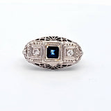 Antique 0.37CT. Sapphire And Diamond Filigree Ring in 18k White Gold, Size 3.75