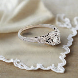 0.41CT. Round Cut Diamond Solitaire Filigree Engagement Ring in 18k White Gold, Size 9.75