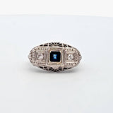 Antique 0.37CT. Sapphire And Diamond Filigree Ring in 18k White Gold, Size 3.75