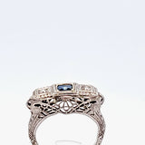 Antique 0.37CT. Sapphire And Diamond Filigree Ring in 18k White Gold, Size 3.75