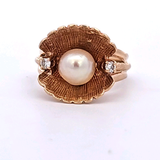 Cultured Pearl and Diamond Ring in 14k Yellow Gold, Size 7