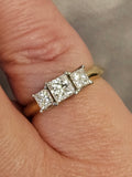 1.05 CTW 3 Stone Princess Cut Leo Diamond Engagement Ring in 14k Yellow Gold and Platinum, Size 5.5