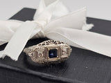 Antique 0.37CT. Sapphire And Diamond Filigree Ring in 18k White Gold, Size 3.75