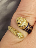 Enameled Lions Head Wrap Ring in 14k Yellow Gold, Size 5
