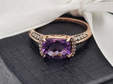 3.35CT. Checkered Cushion Cut Amethyst Diamond Ring in 14k Rose Gold, Size 8.25