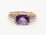 3.35CT. Checkered Cushion Cut Amethyst Diamond Ring in 14k Rose Gold, Size 8.25
