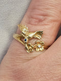 Sapphire and Diamond Hummingbird Ring in 14k Yellow Gold, Size 6.75