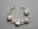 Sterling Silver Geometric Coin Pearl Station Bracelet