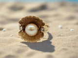Cultured Pearl and Diamond Ring in 14k Yellow Gold, Size 7