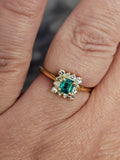 Emerald and Diamond Halo Ring in 14k Yellow Gold, Size 8.5