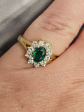 Emerald and Diamond Halo Ring in 14k Yellow Gold, Size 6.5