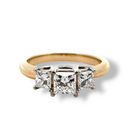 1.05 CTW 3 Stone Princess Cut Leo Diamond Engagement Ring in 14k Yellow Gold and Platinum, Size 5.5