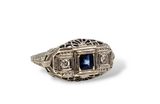 18kt white gold vintage filagree diamond and sapphire ring