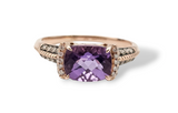3.35CT. Checkered Cushion Cut Amethyst Diamond Ring in 14k Rose Gold, Size 8.25