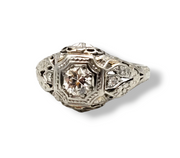 0.28 CTW Round Cut Diamond Filigree Engagement Ring in 18k White Gold, Size 4