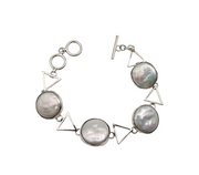 Sterling Silver Geometric Coin Pearl Station Bracelet