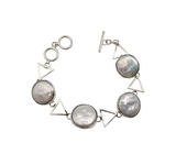 Sterling Silver Geometric Coin Pearl Station Bracelet