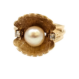 Cultured Pearl and Diamond Ring in 14k Yellow Gold, Size 7