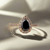 0.72ct Pear Cut Black Diamond Halo Engagement Ring 14k Rose Gold - Size 6.75
