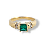 0.41CT Square Emerald-cut Emerald and Diamond Ring 18k Yellow Gold - Size 6