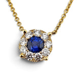0.58CT Sapphire and Diamond Halo Necklace 14k Yellow Gold