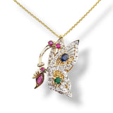 Multi-Gemstone Butterfly Pendant Necklace 14k Yellow Gold