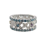 White Gold Openwork ring with colorful diamonds on a whiteback ground