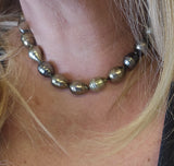 Silvery Green Elongated Teardrop Baroque Pearl Necklace 14k Yellow Gold