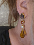 Sterling Silver Gold Vermeil Rutilated Quartz Pearl and Amber Earrings