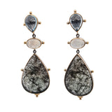 Pair of earrings with teardrop-shaped gemstones on a white background
