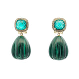 Pair of earrings with green teardrop-shaped stones and malachite gemstones on a white background