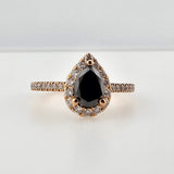 0.72ct Pear Cut Black Diamond Halo Engagement Ring 14k Rose Gold - Size 6.75