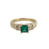 0.41CT Square Emerald-cut Emerald and Diamond Ring 18k Yellow Gold - Size 6