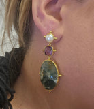 Sterling Silver Gold Vermeil Moss Agate, Amethyst, and Pearl Earrings