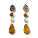 Sterling Silver Gold Vermeil Rutilated Quartz Pearl and Amber Earrings
