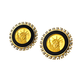 1.00 CTW Diamond and Onyx Statue of Liberty Coin Earrings 14k & 24K Yellow Gold