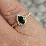 0.72ct Pear Cut Black Diamond Halo Engagement Ring 14k Rose Gold - Size 6.75