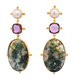 Sterling Silver Gold Vermeil Moss Agate, Amethyst, and Pearl Earrings