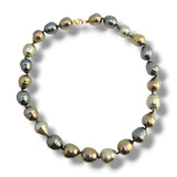Silvery Green Elongated Teardrop Baroque Pearl Necklace 14k Yellow Gold