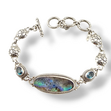 Sterling Silver Floral Carved Quartz Abalone Shell Doublet Bracelet