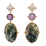Sterling Silver Gold Vermeil Moss Agate, Amethyst, and Pearl Earrings
