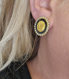 1.00 CTW Diamond and Onyx Statue of Liberty Coin Earrings 14k & 24K Yellow Gold