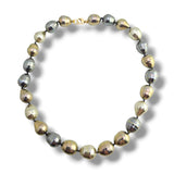 Silvery Green Elongated Teardrop Baroque Pearl Necklace 14k Yellow Gold