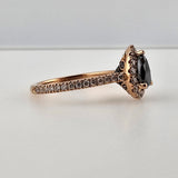 0.72ct Pear Cut Black Diamond Halo Engagement Ring 14k Rose Gold - Size 6.75